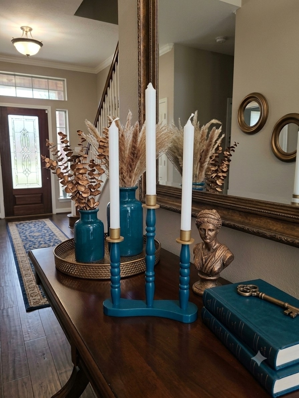 Deep Teal Blue Wood 3-Arm Taper Candle Candelabra Centerpiece Gold Metal Cups